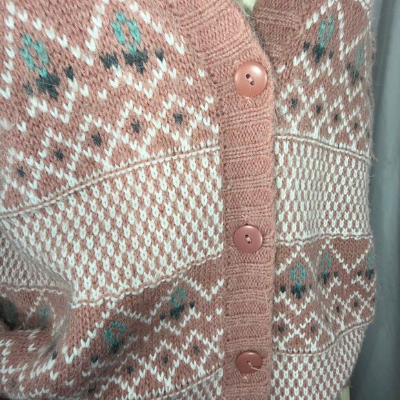 Vintage Gina Peters Knit Cardigan Sweater Pink Fair Isle Geometric Knit Made in - Picture 6 of 16